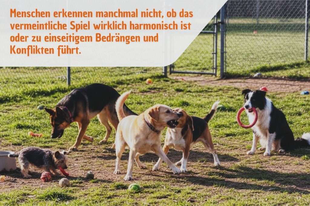 Wichtig bei eingezäuntem Hundeauslauf: Menschen erkennen manchmal nicht, ob das Spiel unter Hunden wirklich harmonisch oder ein Konflikt ist.