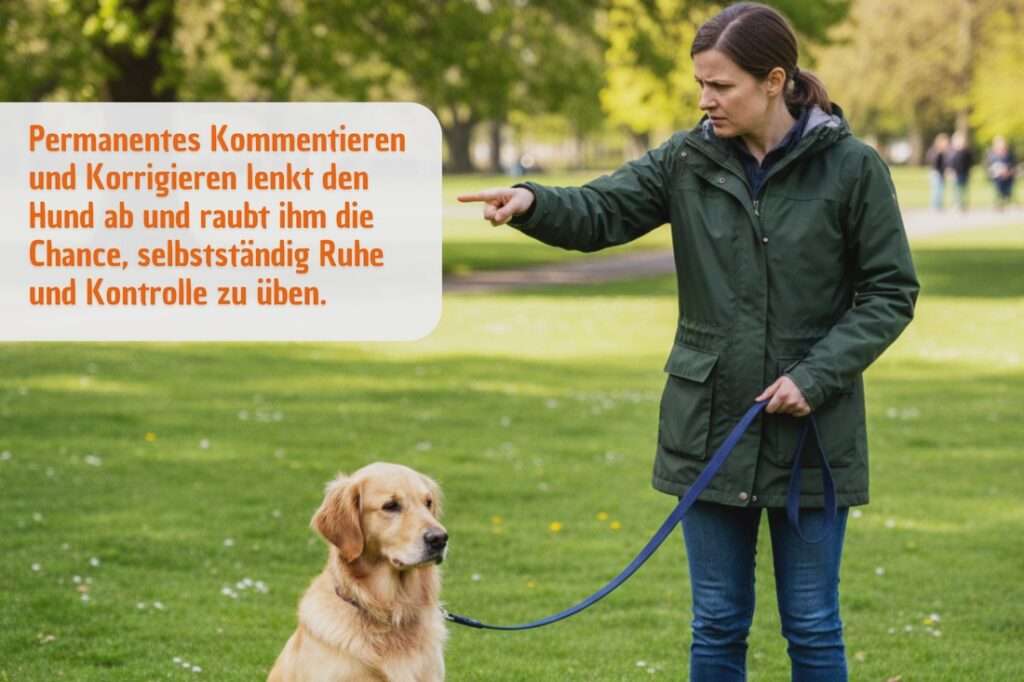 Permanentes Kommentieren und Korrigieren lenkt den Hund ab und raubt ihm die Chance, selbstständig Ruhe und Kontrolle zu üben.