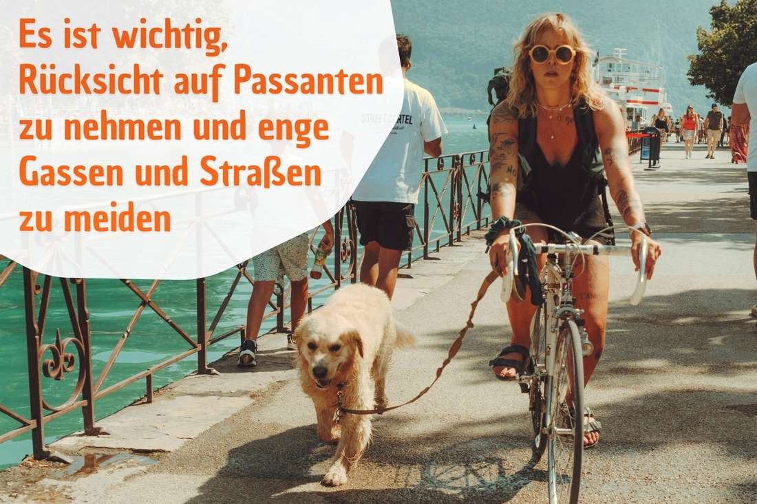 Beim Fahrradfahren mit Hund an der Leine ist Rücksichtnahme auf andere Passanten sehr wichtig
