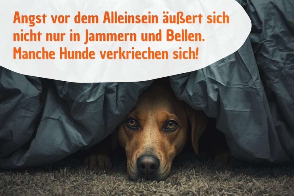 Wenn ein Hund nicht alleine bleiben kann, , dann bellt und jammert er nicht nur, sondern verkriecht sich vielleicht auch