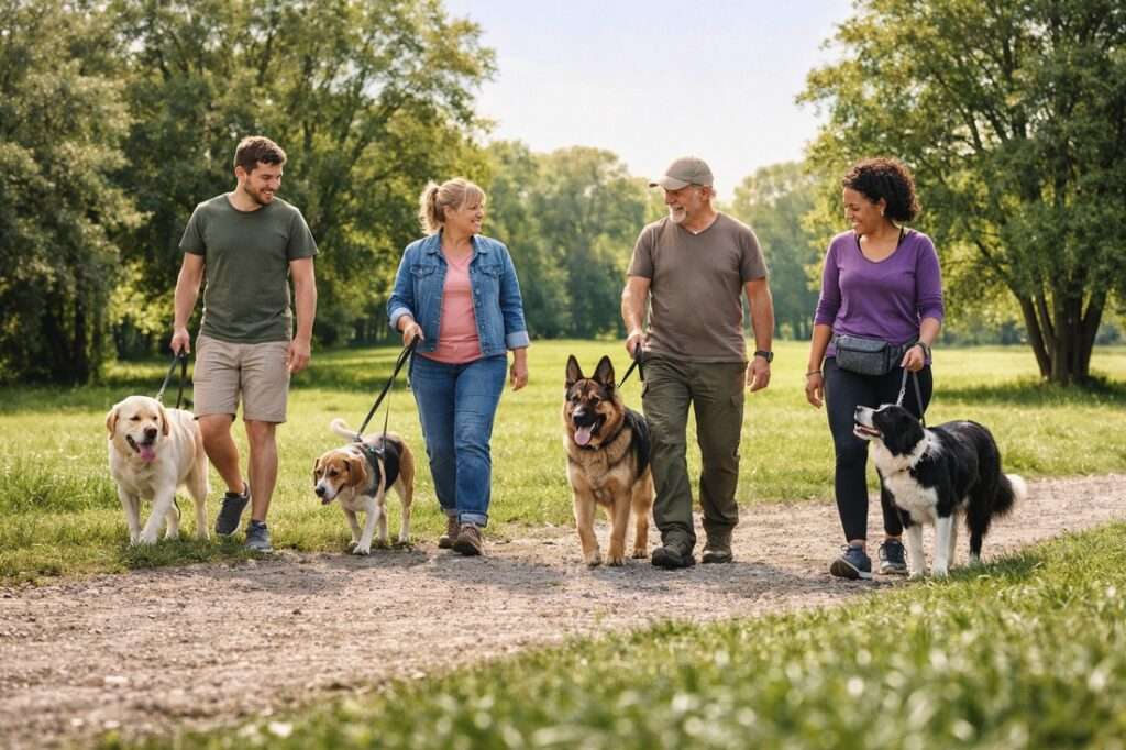 Beim Social Walk lernen Hunde, entspannt in der Nähe anderer Hunde und Menschen zu bleiben, soziale Signale richtig zu lesen und angemessen zu reagieren.