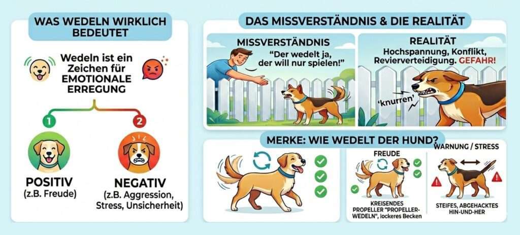 Infografik Körpersprache: Schwanzwedeln des Hundes richtig verstehen