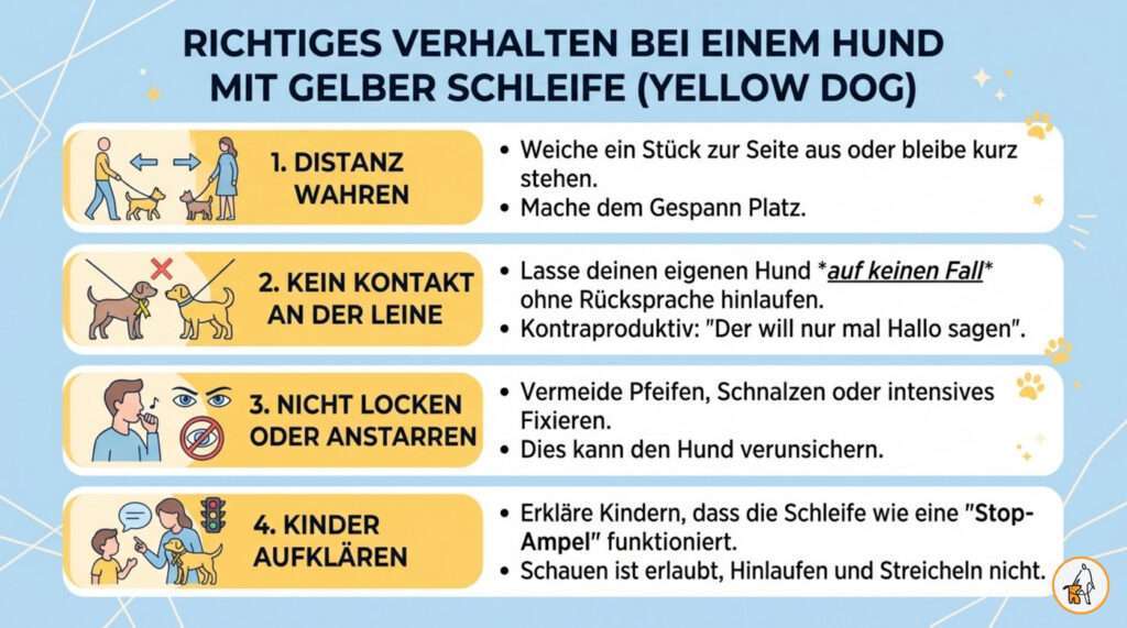 Infografik: Verhalten bei Hund mit gelber Schleife, dem sogenannten Gelben Hund